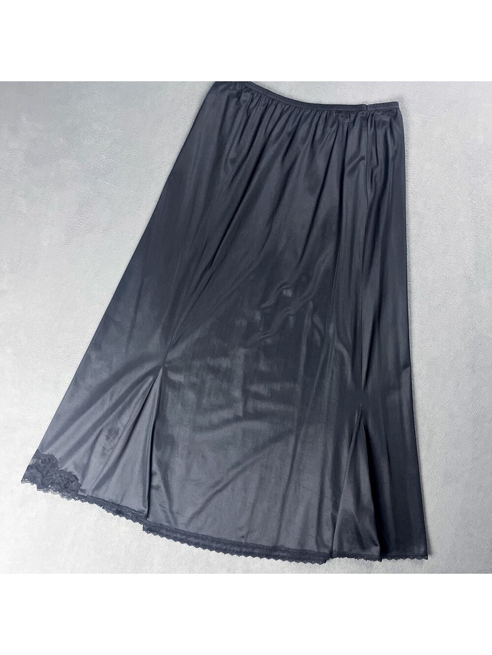 Vintage Black Silky Nylon Skirt Slip with Lightly Ruffled Hem